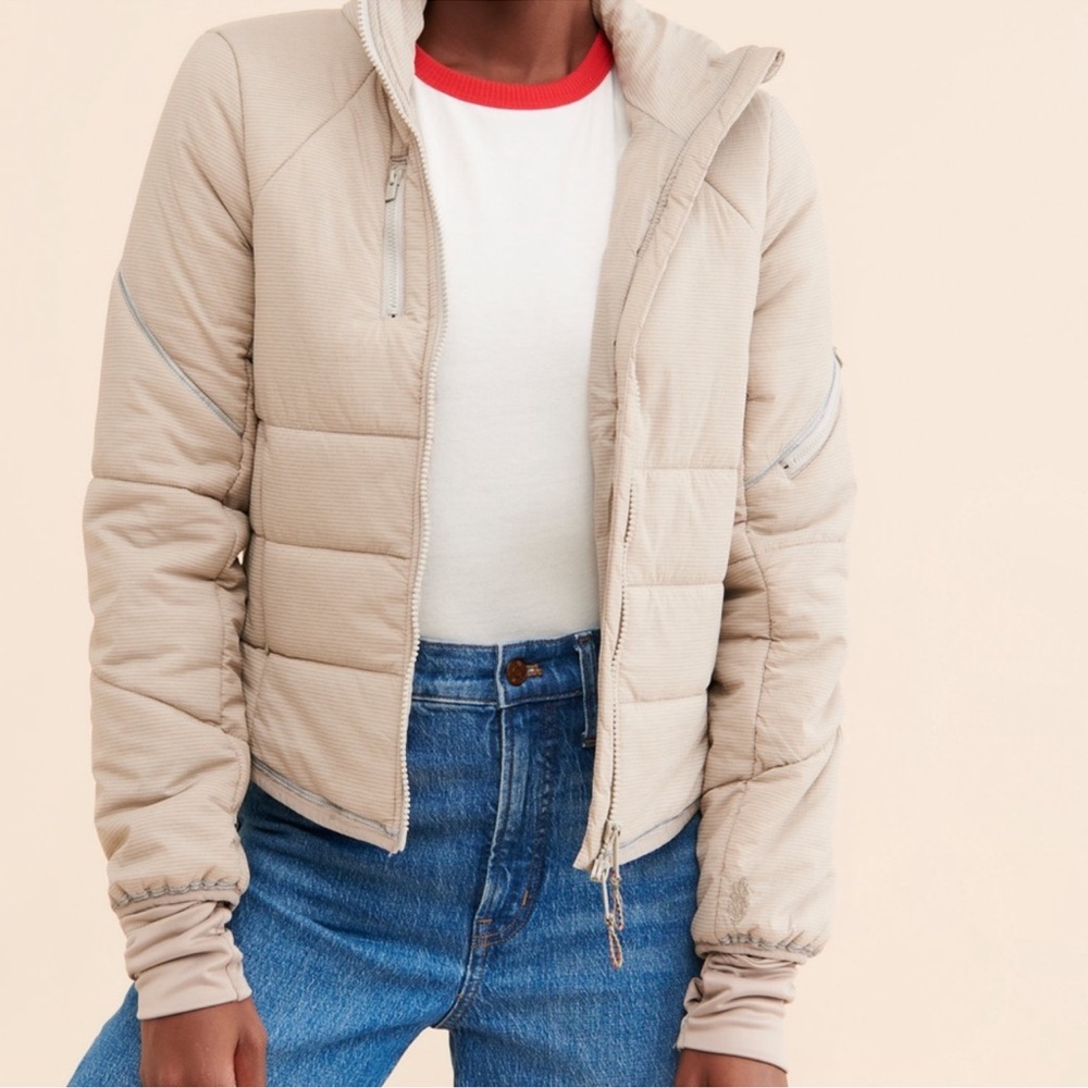 Free People Movement Gathering Storm Beige Neutral Cream Full Zip Puffer Jacket